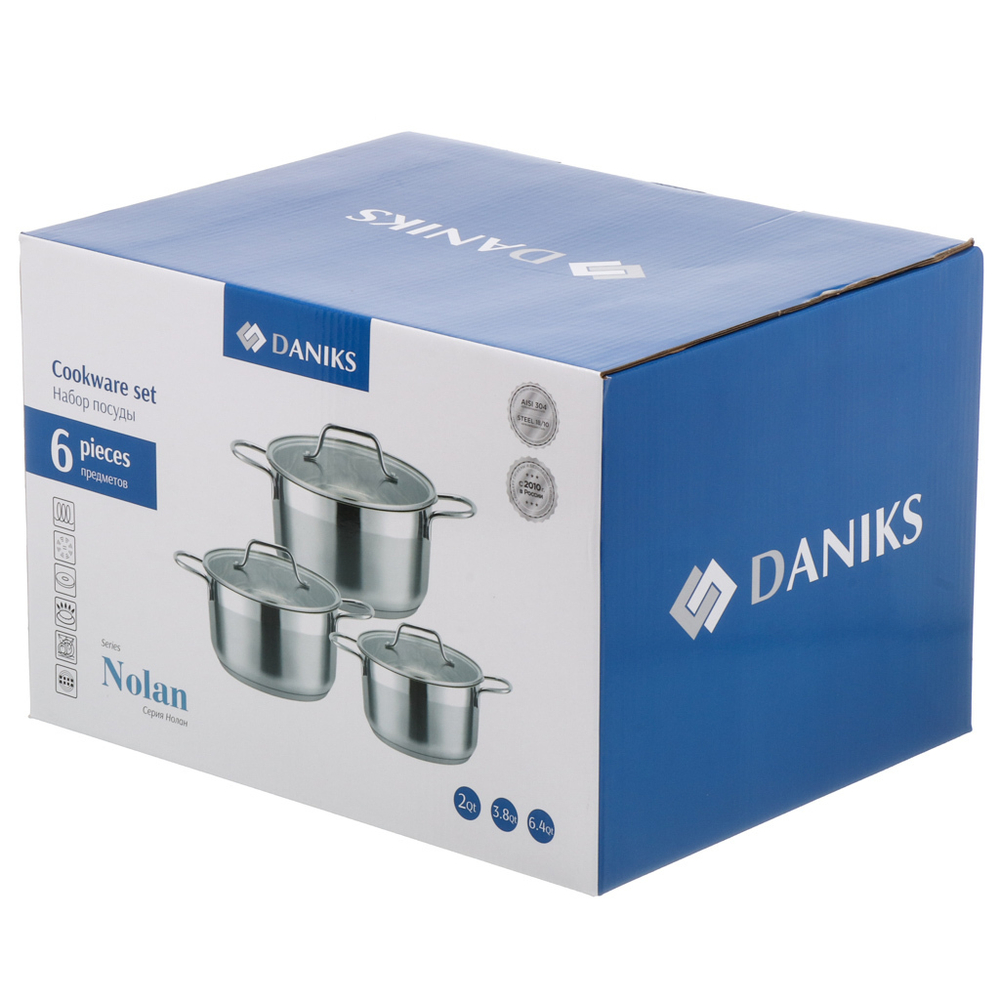 Набор посуды нерж, 6 пр, кастрюли 1.9, 3.6, 6.1 л, индукц, Daniks, Нолан, GS-01363-6PC