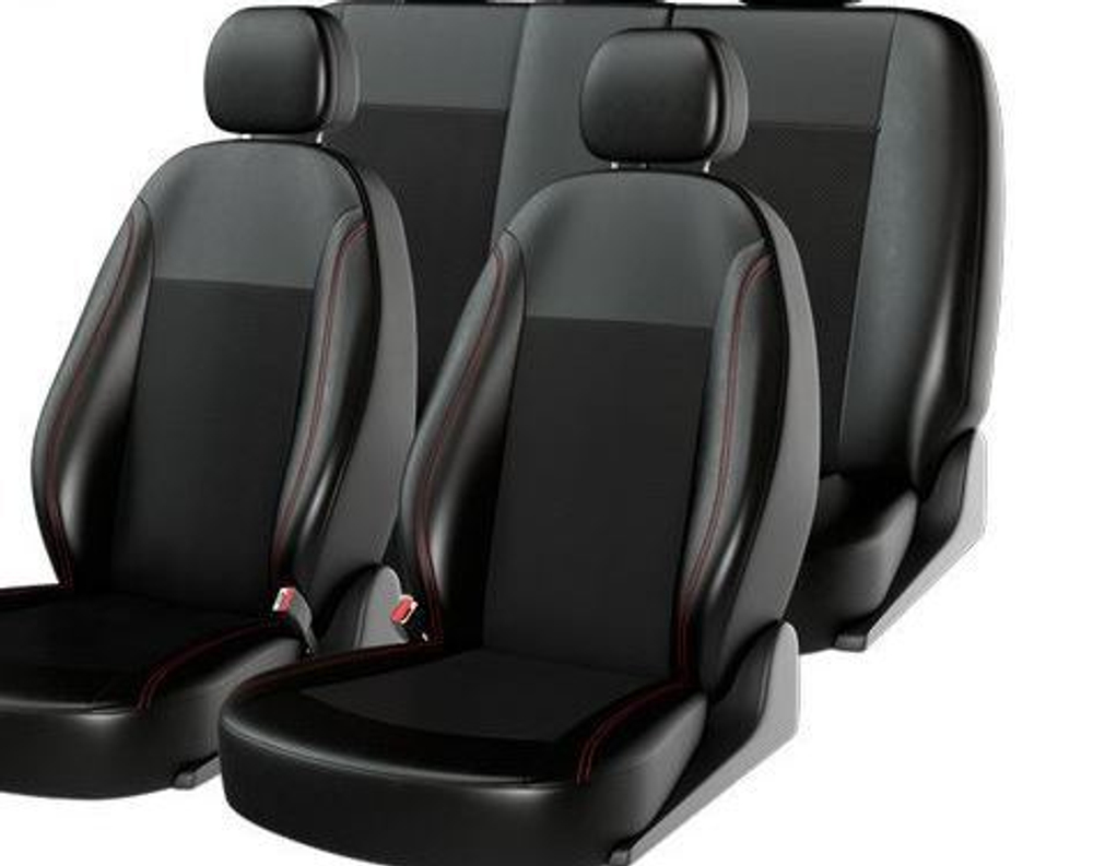 Чехлы на сидения CarFashion «ATOM LEATHER» 10950 - Экокожа -черный/черный перфор/шов красный