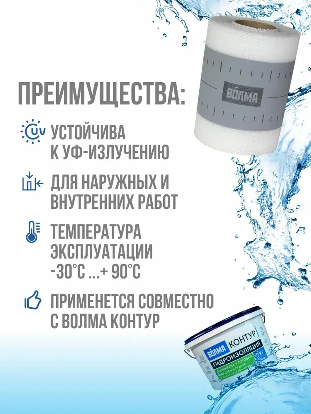 Гидроизоляционная лента для ванной, душевой ВОЛМА-Контур 10 м * 2шт, 20 м, гидроизоляция для душевой, для ванны