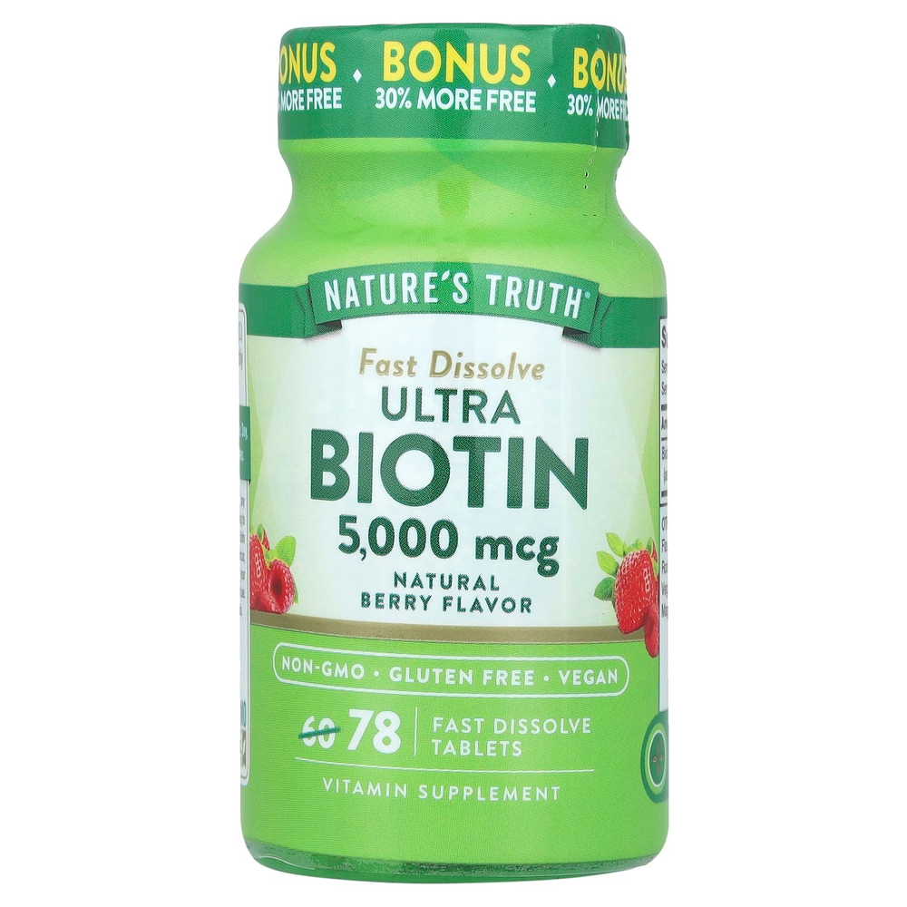 Nature's Truth, Ultra Biotin, натуральные ягоды, 5000 мкг, 78 быстро растворяющихся таблеток