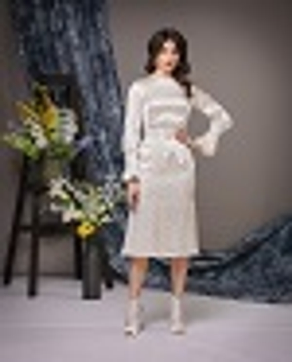 04-04-22 SS Платье шёлковое, юбка-годе, белый с чёрным рисунком XS