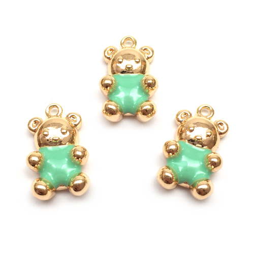Подвеска с салатовой эмалью "Мишка Тедди" 16х9 мм, позолота