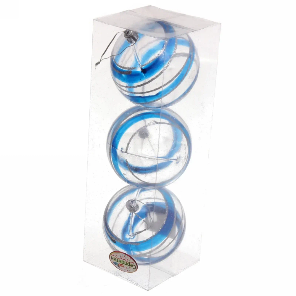 Новогодние шары 8 см (набор 3 шт) «Сказочный узор», голубой/серебро