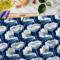 Ткань премиум флис белосиняя цветочная графика