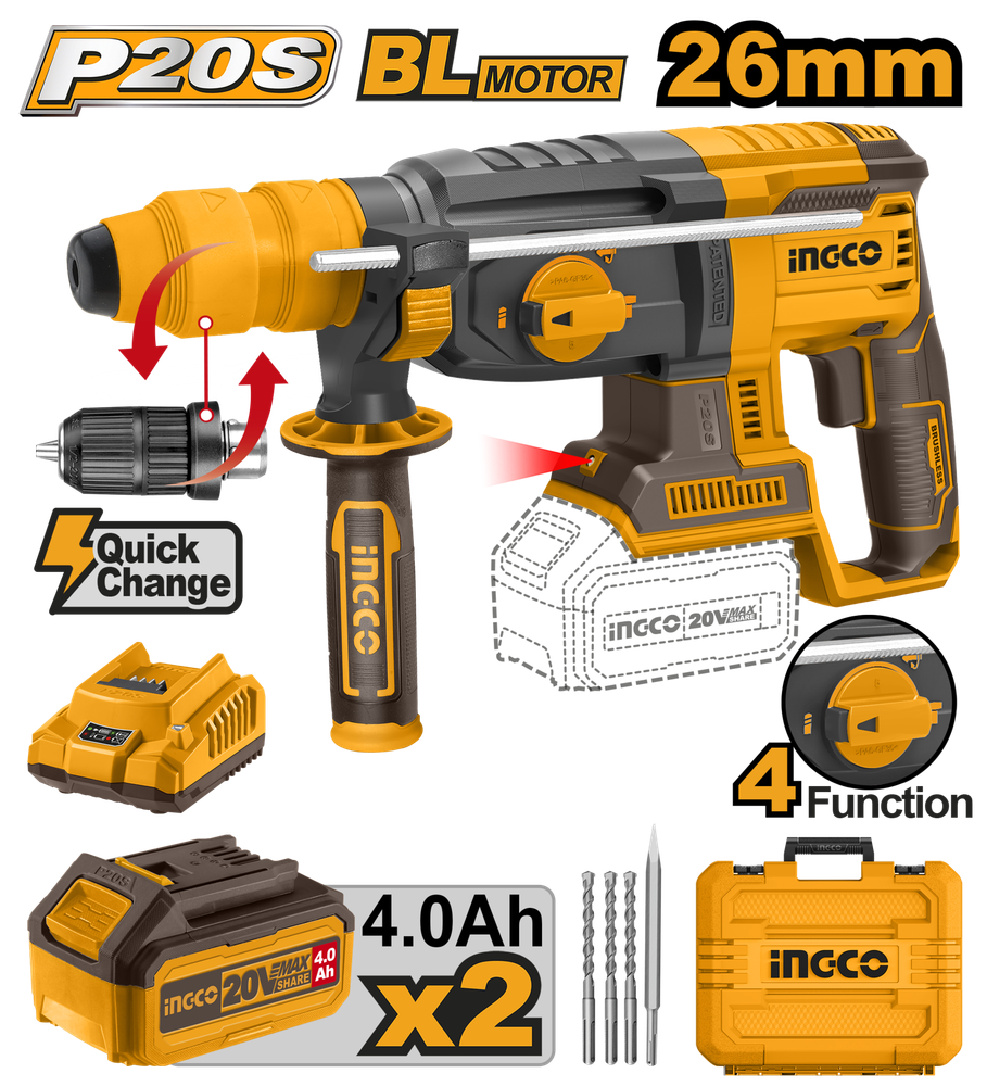 Аккумуляторный бесщеточный перфоратор SDS-Plus INGCO CRHLI202289 INDUSTRIAL 20 В 2 Дж 2x4 Ач