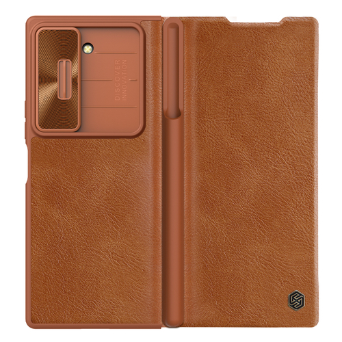 Кожаный чехол книжка коричневого цвета (British Brown) от Nillkin для Samsung Galaxy Z Fold 6, серия Qin Pro Leather с защитной шторкой для камеры