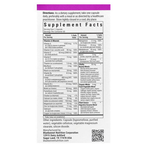 Bluebonnet Nutrition, Ladies' ONE® 40+, цельнопищевая мультивитаминная добавка, 60 растительных капсул