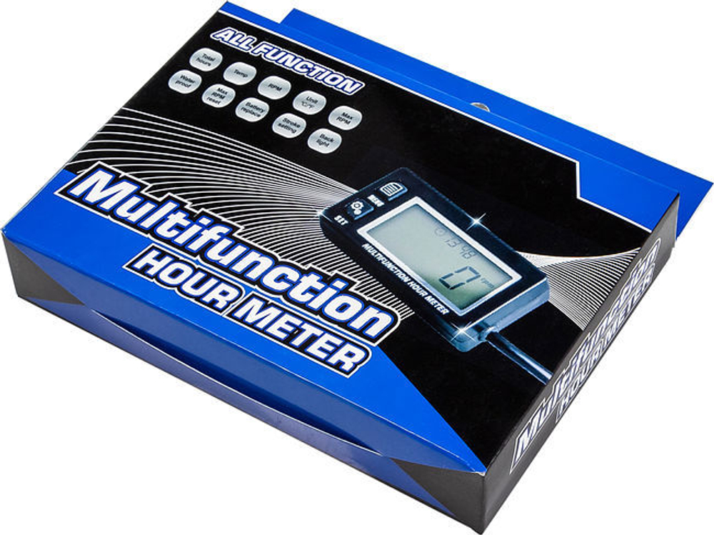 Тахометр универсальный со счетчиком моточасов, датчиком температуры, вольтметром, с подсветкой и сменной батарейкой