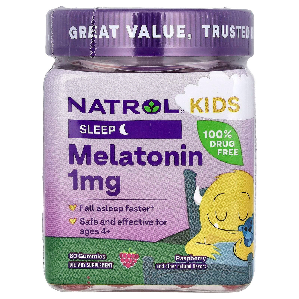 Natrol, Kids, жевательная добавка с мелатонином, для детей от 4 лет, с малиновым вкусом, 1 мг, 60 жевательных таблеток