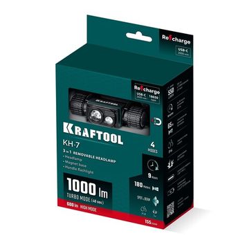 KRAFTOOL KH-7, 1000 лм, 4 режима, 3в1 аккумуляторный налобный/ручной фонарь, 2200мАч (56450)