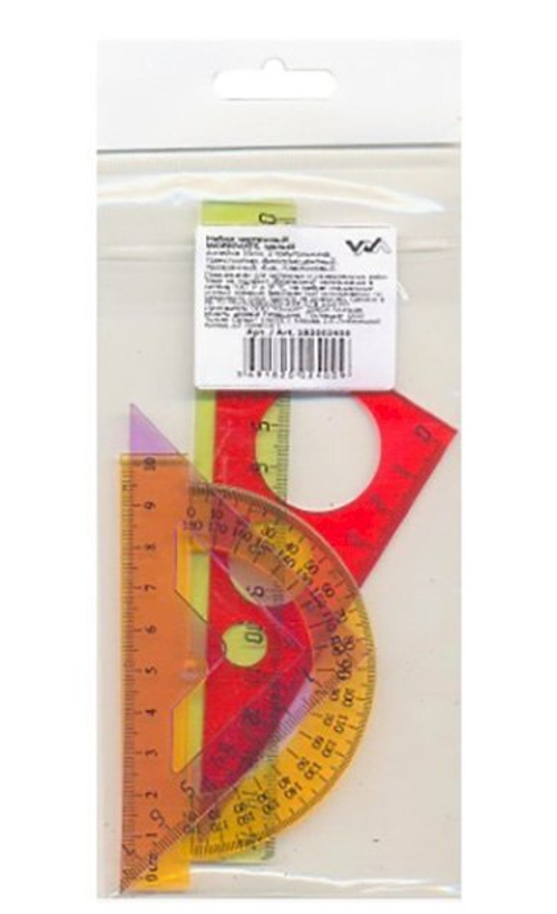 Набор чертежный Workmate, малый: линейка 15 см, 2 треугольника, транспортир флуоресцентный прозрачный