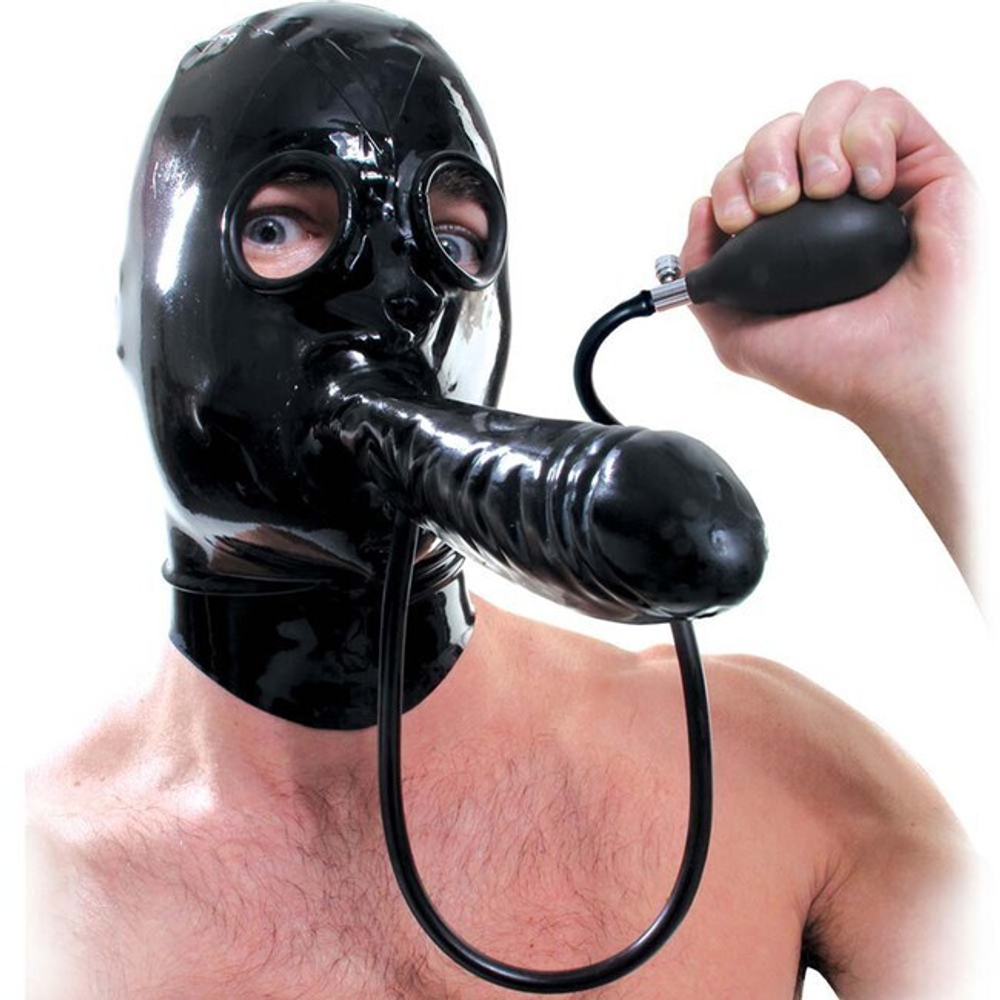Шлем на молнии с надувным кляпом и фаллосом Fuck My Face Hood (Цвет: черный)