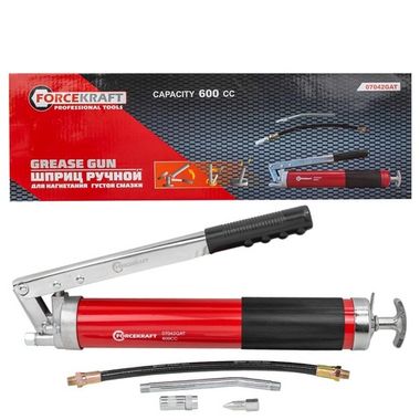 Шприц для нагнетания густой смазки ручной 600мл в комплекте с жестким(L-140мм) и гибким(L-300мм) наконечниками (2 штока,''под закладку'') FORCEKRAFT FK-07042GAT