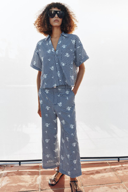 ZARA РУБАШКА В КЛЕТКУ С ВЫШИВКОЙ, ТЕМНО-СИНИЙ/БЕЛЫЙ