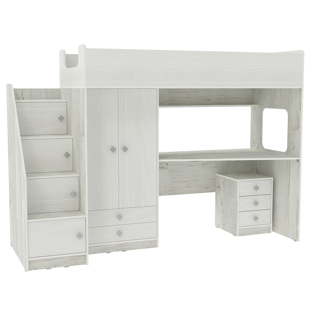 Кровать-чердак КарИВи Л-A606.3 с тумбой 80х190 Винтерберг Белое Дерево