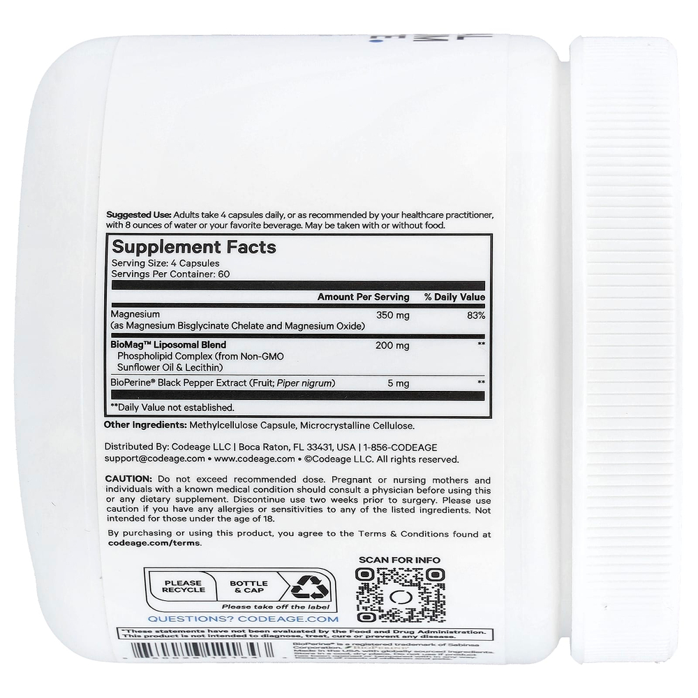 Codeage, липосомальный глицинат магния, 240 растительных капсул
