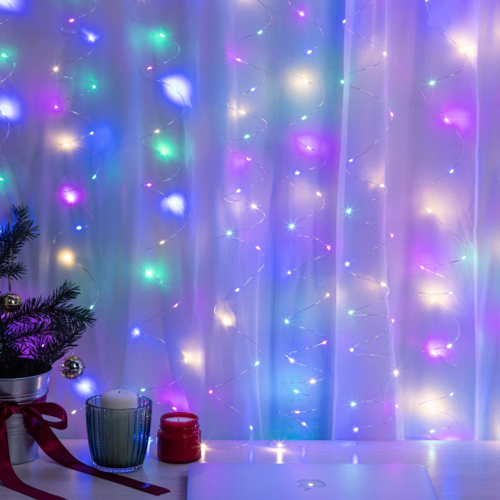 Светодиодная новогодняя гирлянда Intro Holiday INZR-02 занавес 3*3 м мультиколор 240 microled USB | Intro