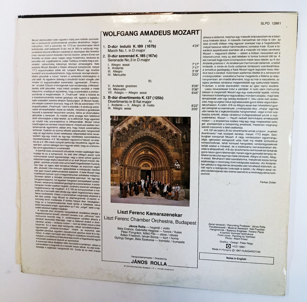 Винтажная виниловая пластинка LP W. A. Mozart Моцарт, Liszt  Лист Ferenc Chamber Orchestra, Serenade No.3 In D Major K.185, March K.189, Divertimento In B Flat Major K.137 (Венгрия 1987)