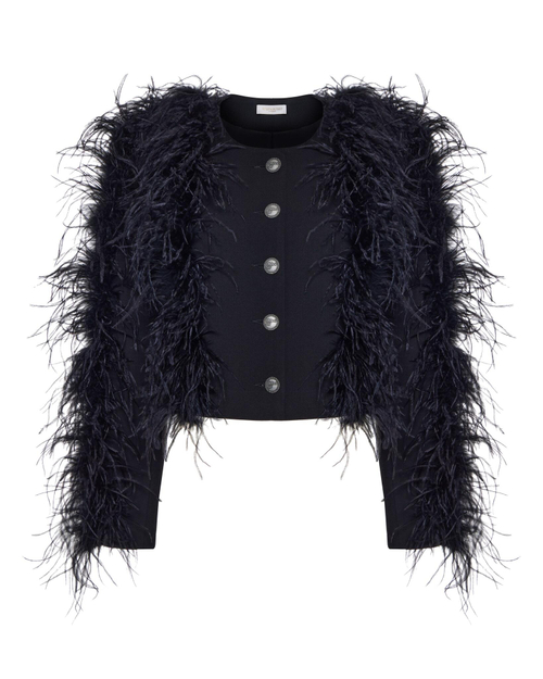 Жакет мини из крепа с перьями на груди и рукавах, черный