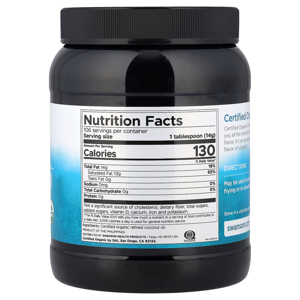 Swanson, сертифицированное органическое кокосовое масло, без ароматизаторов, 1,47 кг (3 фунта 4 унции)