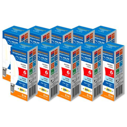 LED-C35-6W-4000K-E14-FR-DIM-SLF Набор из 10штук Лампа светодиодная диммируемая. Форма свеча. матовая. Серия Optima DIM Филамент. Белый свет 4000K. ТМ Volpe