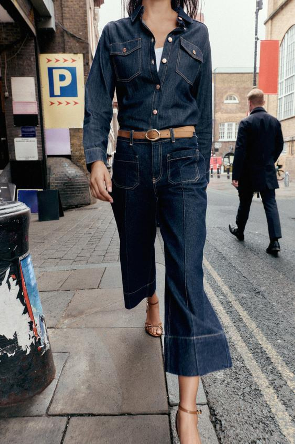 ZARA Z1975 ДЖИНСЫ WIDE-LEG С ЗАВЫШЕННОЙ ТАЛИЕЙ И ПОЯСОМ, СИНИЙ