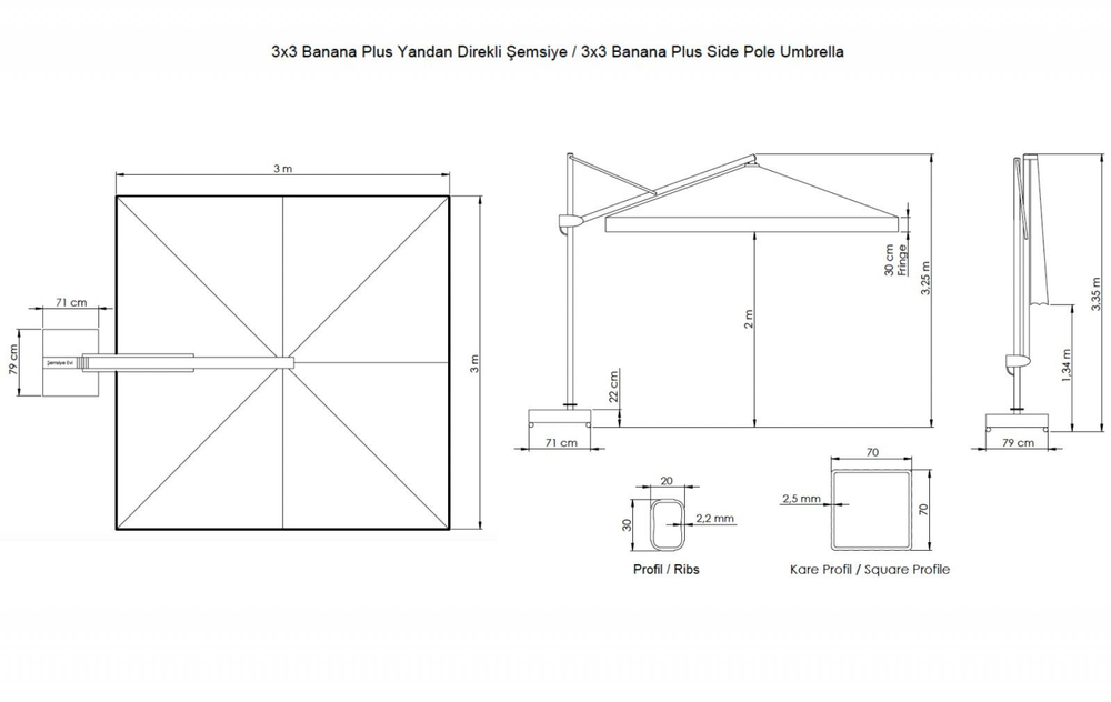 Зонт профессиональный Banana Plus, 3000х3000, антрацит, серый