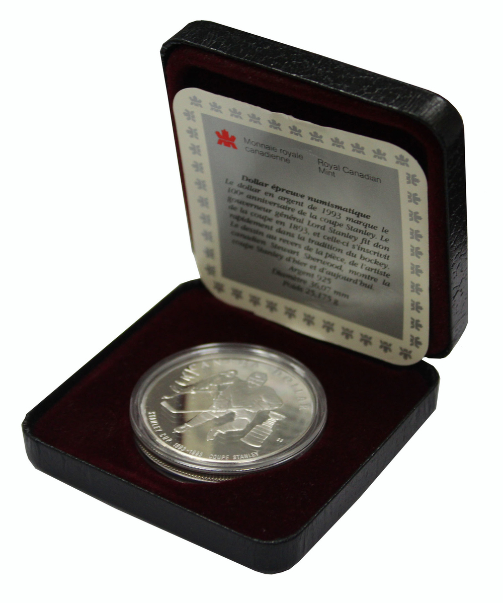 1 доллар. 100 лет Кубку Стенли. Канада. Серебро. 1993 год. Proof в родной коробке