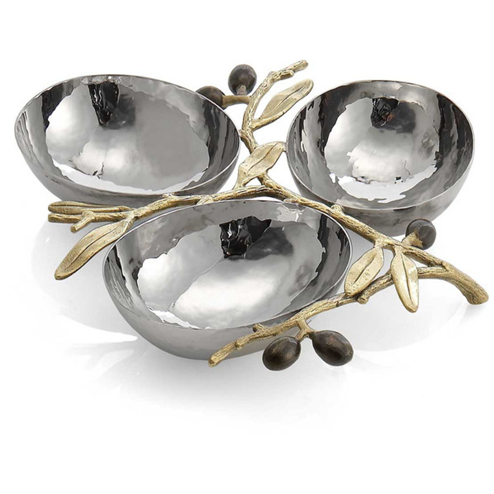 Менажница трехсекционная 22см Michael Aram Золотая оливковая ветвь серебристая
