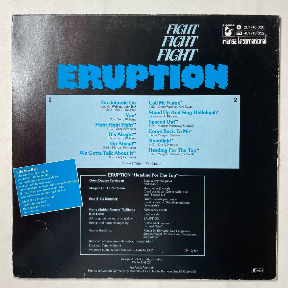 Винтажная виниловая пластинка LP Eruption Fight (Germany 1980)