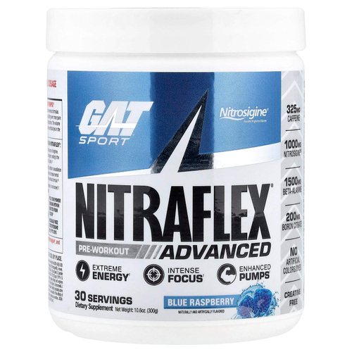 GAT, Sport, NITRAFLEX® Advanced, предтренировочный комплекс, со вкусом голубой малины, 300 г (10,6 унции)