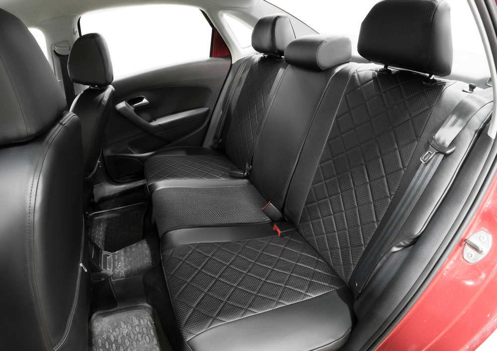 Авточехлы Rival Ромб (зад. спинка 40/60) для сидений Volkswagen Polo V седан 2010-2020, эко-кожа, черные, SC.5801.2