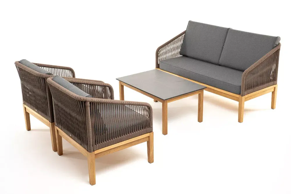 "Канны" лаунж-зона 4-местная из роупа со столиком "Канны" (серый гранит), основание дуб, роуп коричневый