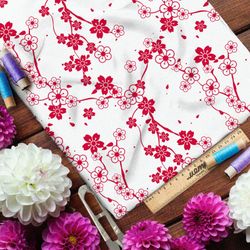 Ткань футер 2-х нитка цветущая сакура на бежевом фоне