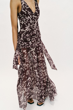 ZARA ДЛИННОЕ ПЛАТЬЕ ИЗ ПОЛУПРОЗРАЧНОЙ ТКАНИ В ГОРОШЕК, КОРИЧНЕВЫЙ/ЭКРЮ