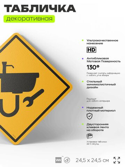 Табличка декоративная "Сантехника" на дверь и стену, информационная, декоративный знак, 24,5х24,5 см, пластиковая, Айдентика Технолоджи