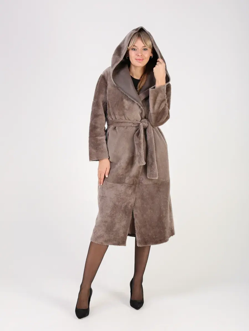 Дубленка зимняя шуба натуральная с капюшоном двухсторонняя