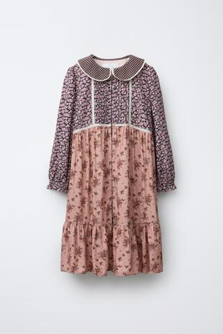 ZARA ПЛАТЬЕ ПЭЧВОРК С ЦВЕТОЧНЫМ ПРИНТОМ, КОРИЧНЕВЫЙ