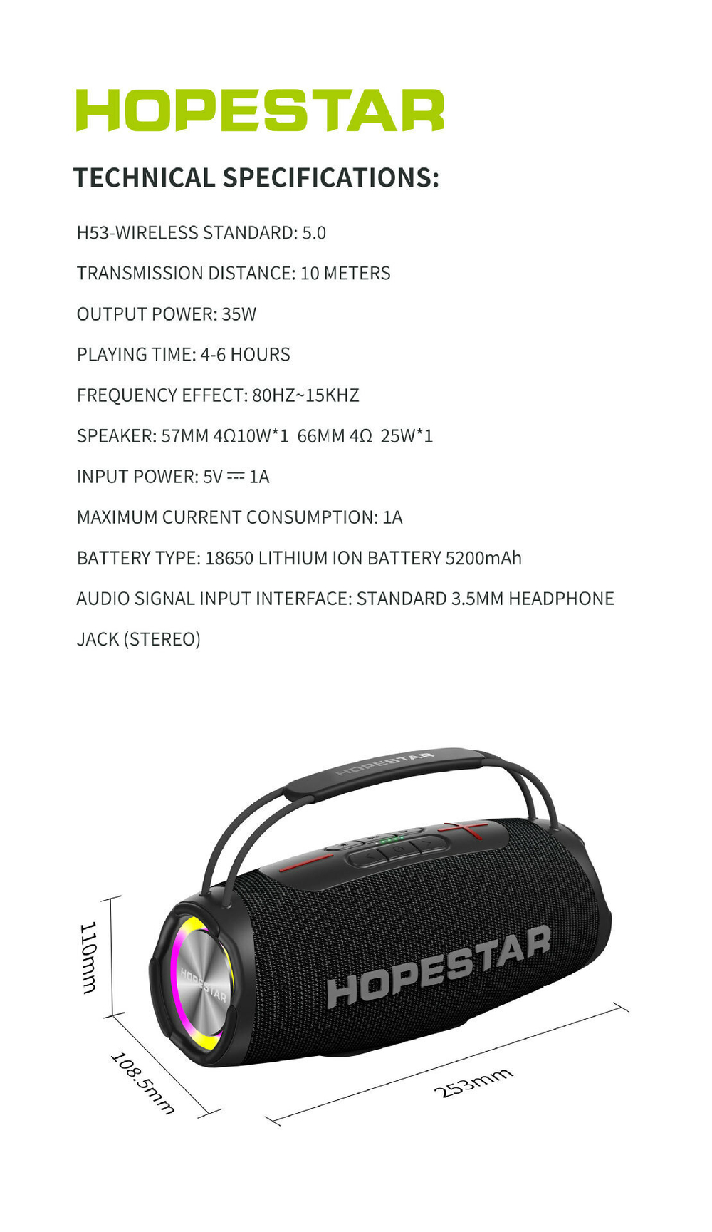 Беспроводная колонка Hopestar H53, световые эффекты, влагозащищенный корпус, поддержка microSD, 35 Вт, black
