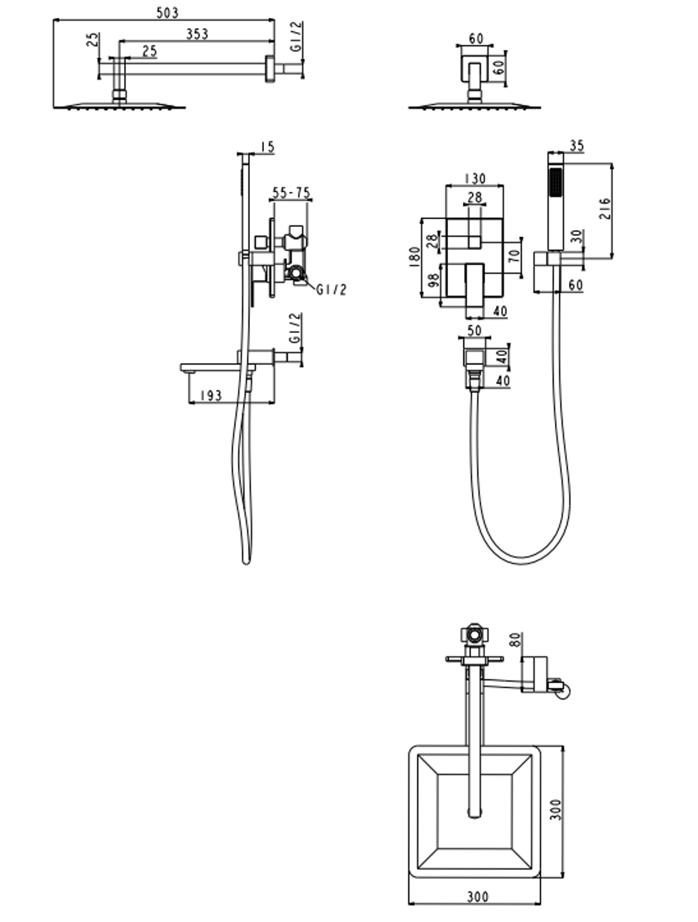 Душевая система скрытого монтажа Grocenberg GB5089BL-1 Чёрный матовый