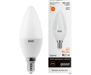 ЛАМПА GAUSS LED ELEMENTARY CANDLE 6W E14 2700K