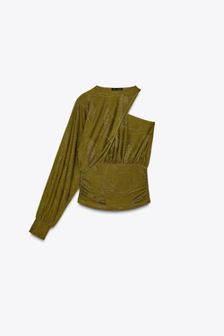 ZARA ЖАККАРДОВЫЙ ТОП АСИММЕТРИЧНОГО КРОЯ, ОЛИВКОВЫЙ