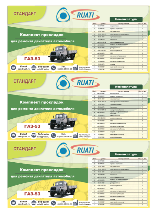 Комплект прокладок  двигателя ГАЗ-53  (полный) стандарт (герметик) "RUATI"