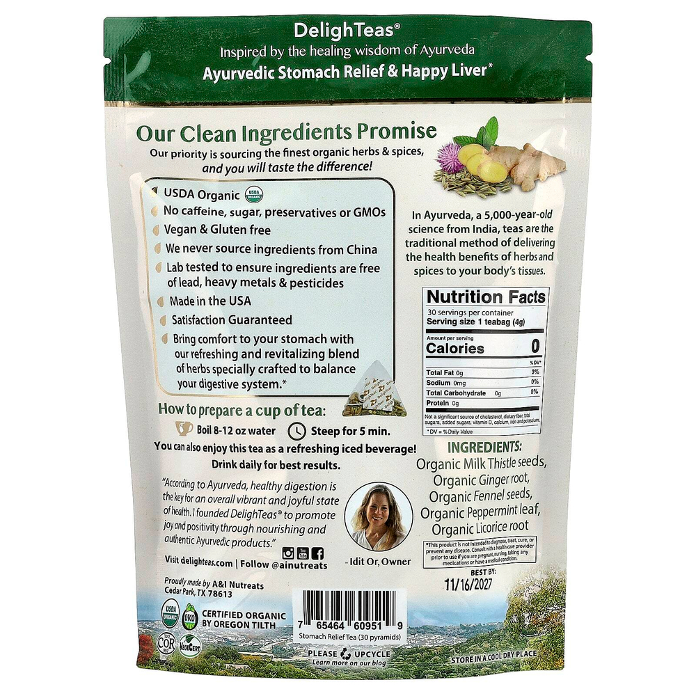 DelighTeas, Ayurvedic Stomach Relief & Happy Liver, травяной чай для выведения токсинов, без кофеина, 30 роскошных чайных пакетиков Pyramid, 120 г (4,2 унции)