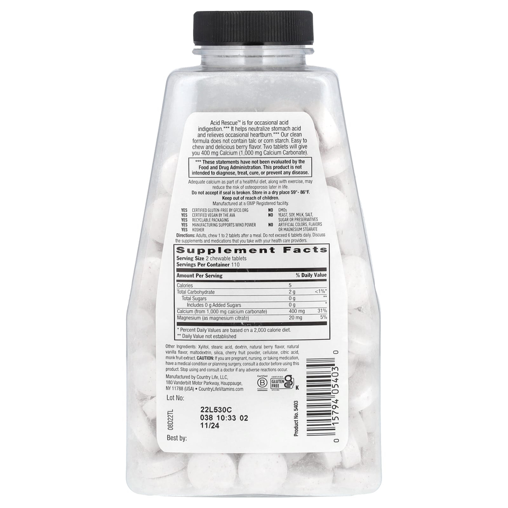 Country Life, Acid Rescue, карбонат кальция, ягодный вкус, 220 жевательных таблеток