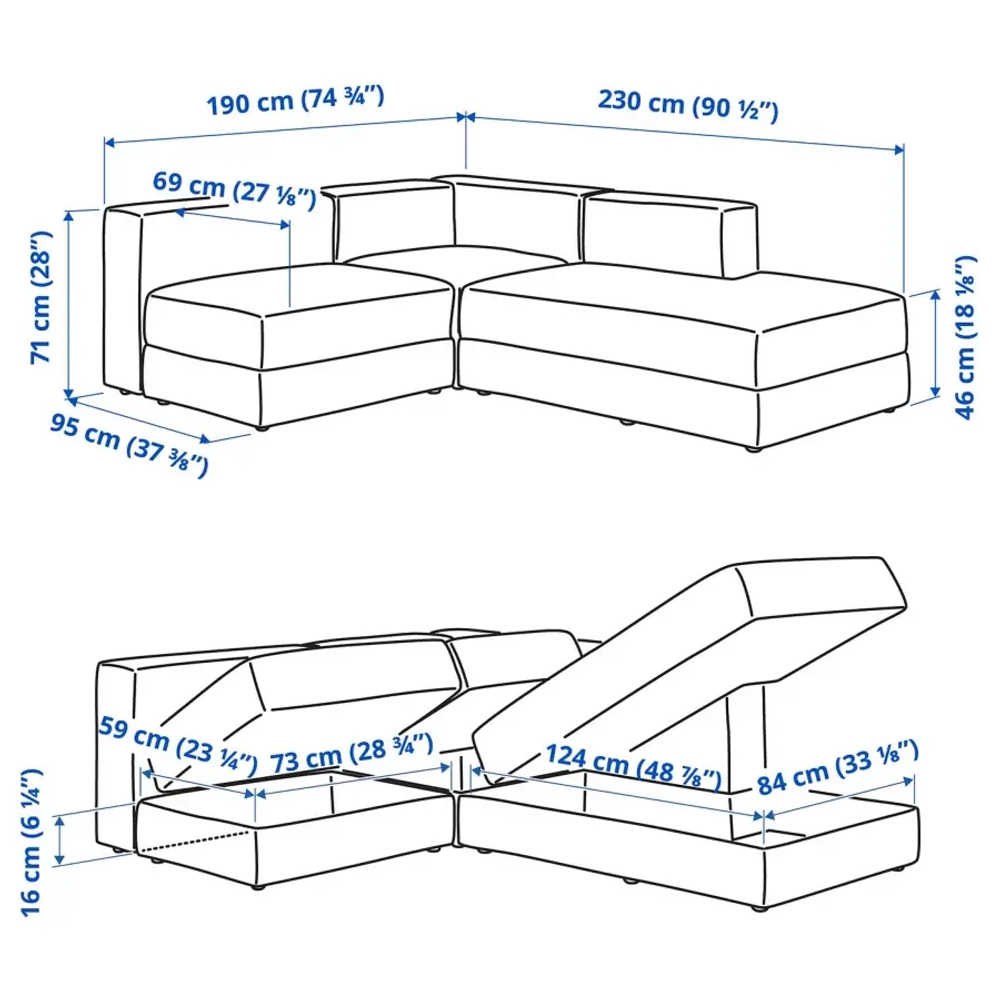 Диван угловой - IKEA JÄTTEBO/JATTEBO, 71x65x190/230см, серый, ЙЕТТЕБО ИКЕА
