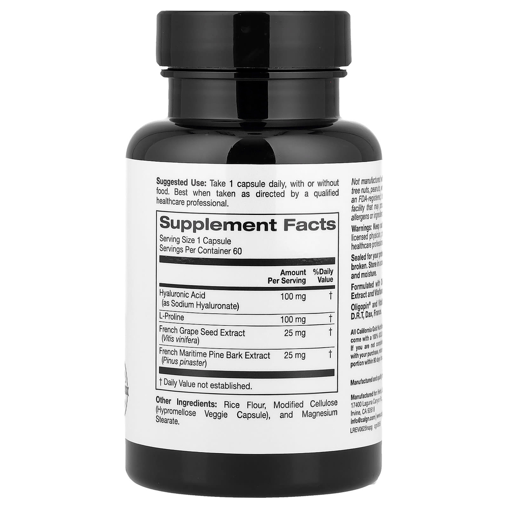 California Gold Nutrition, комплекс гиалуроновой кислоты с L-пролином, экстрактом косточек французского винограда и коры французской приморской сосны, 60 растительных капсул
