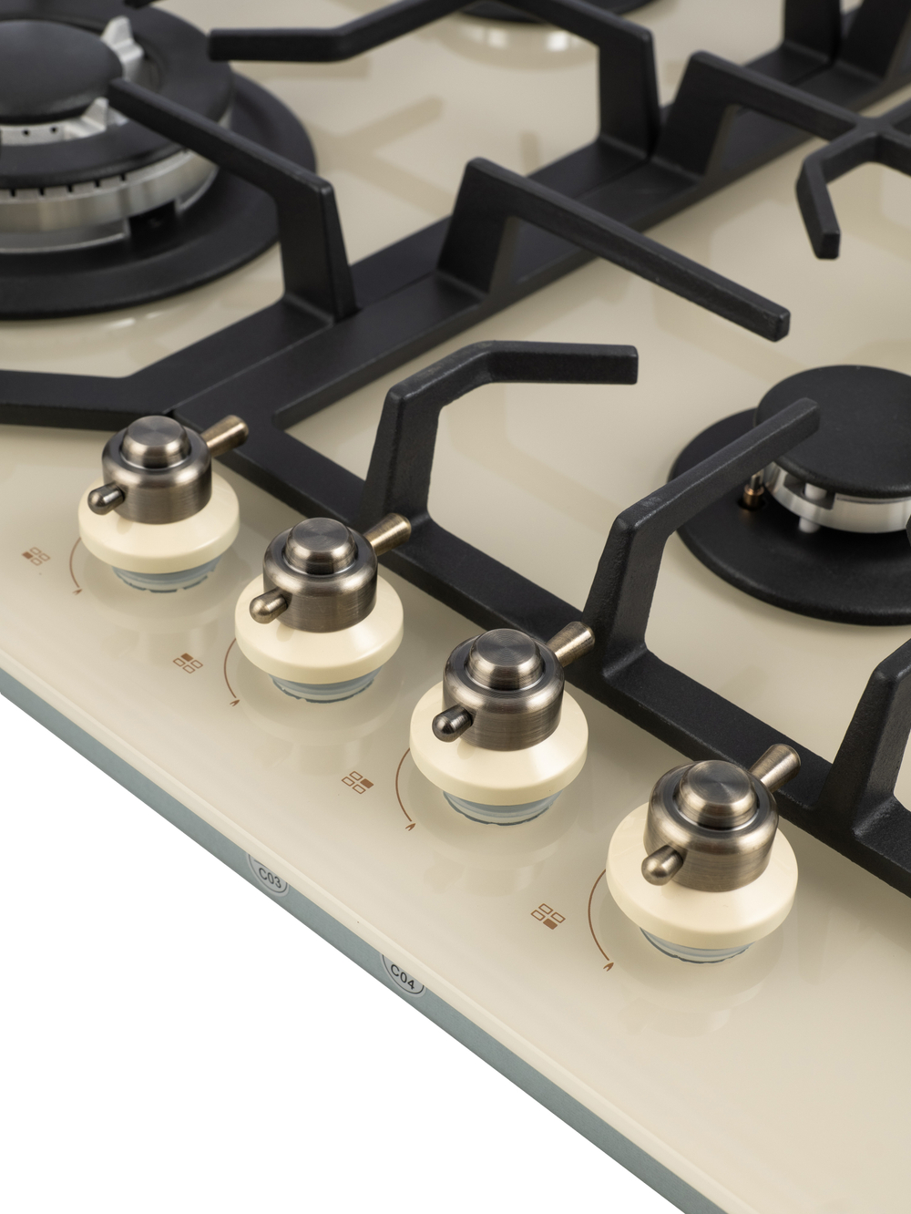 Газовая варочная панель Macbi MBH64WFGI.V2-IV с Wok-конфоркой, Бежевое закаленное стекло, Электроподжиг, Газ-контроль, Решетки из чугуна