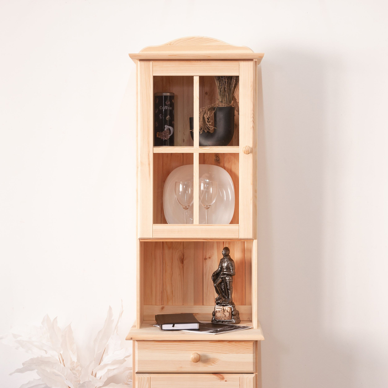 Шкаф витрина, 58х28х105, Лена, однодверная, для посуды, массив сосны, с регулируемыми полками (верхняя часть буфета Лена), Dipriz