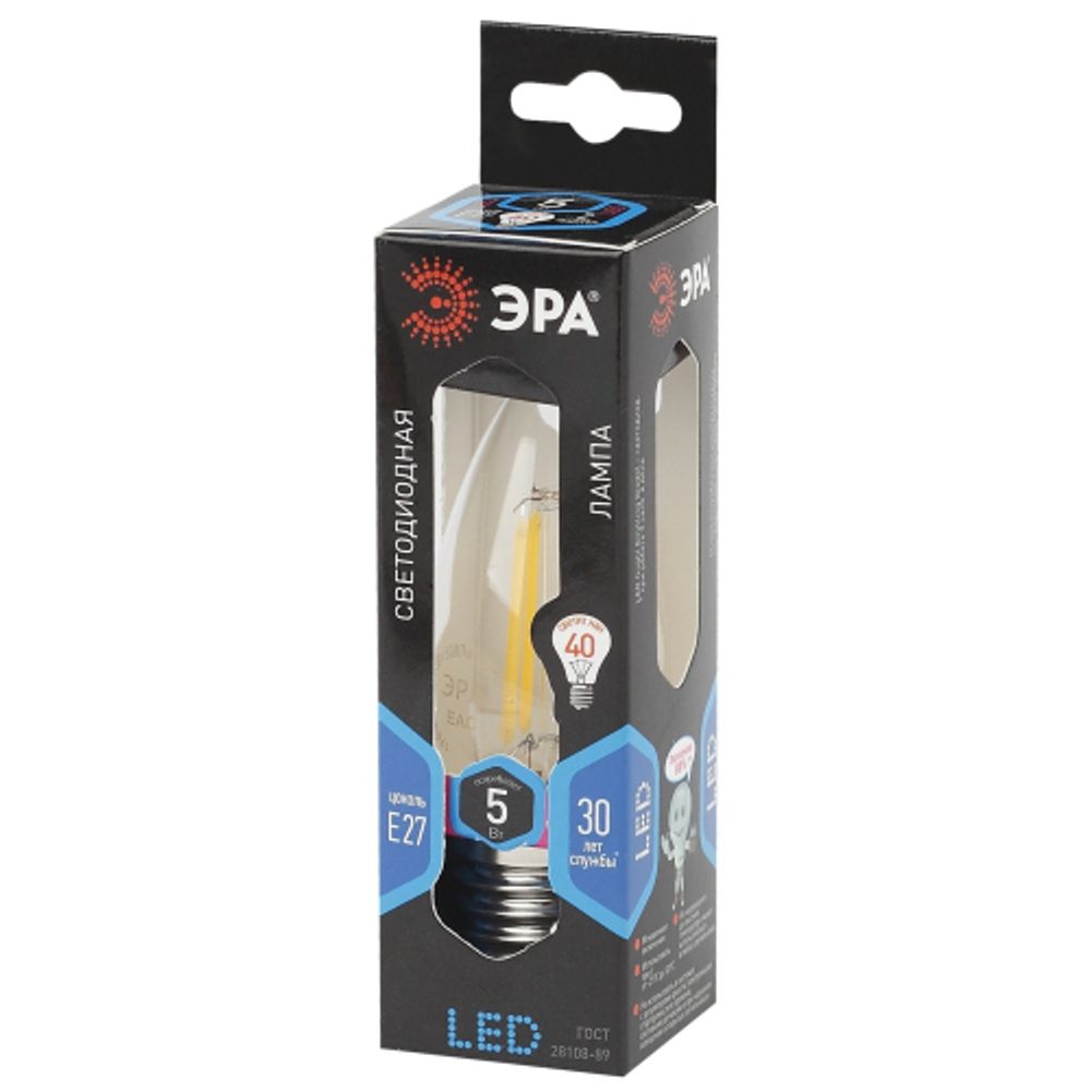 Лампочка светодиодная ЭРА F-LED B35-5W-840-E27 Е27 / Е27 5Вт филамент свеча нейтральный белый свет | Филаментные декоративные